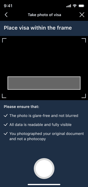 Guided document upload with clear framing instructions and quality validation
